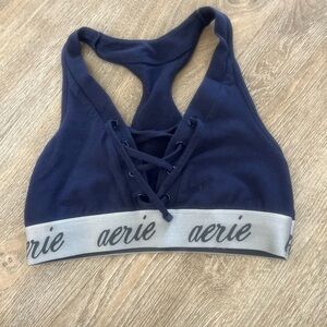 aerie Navy Lace-Up Racerback Bralette with Silver Branded Band